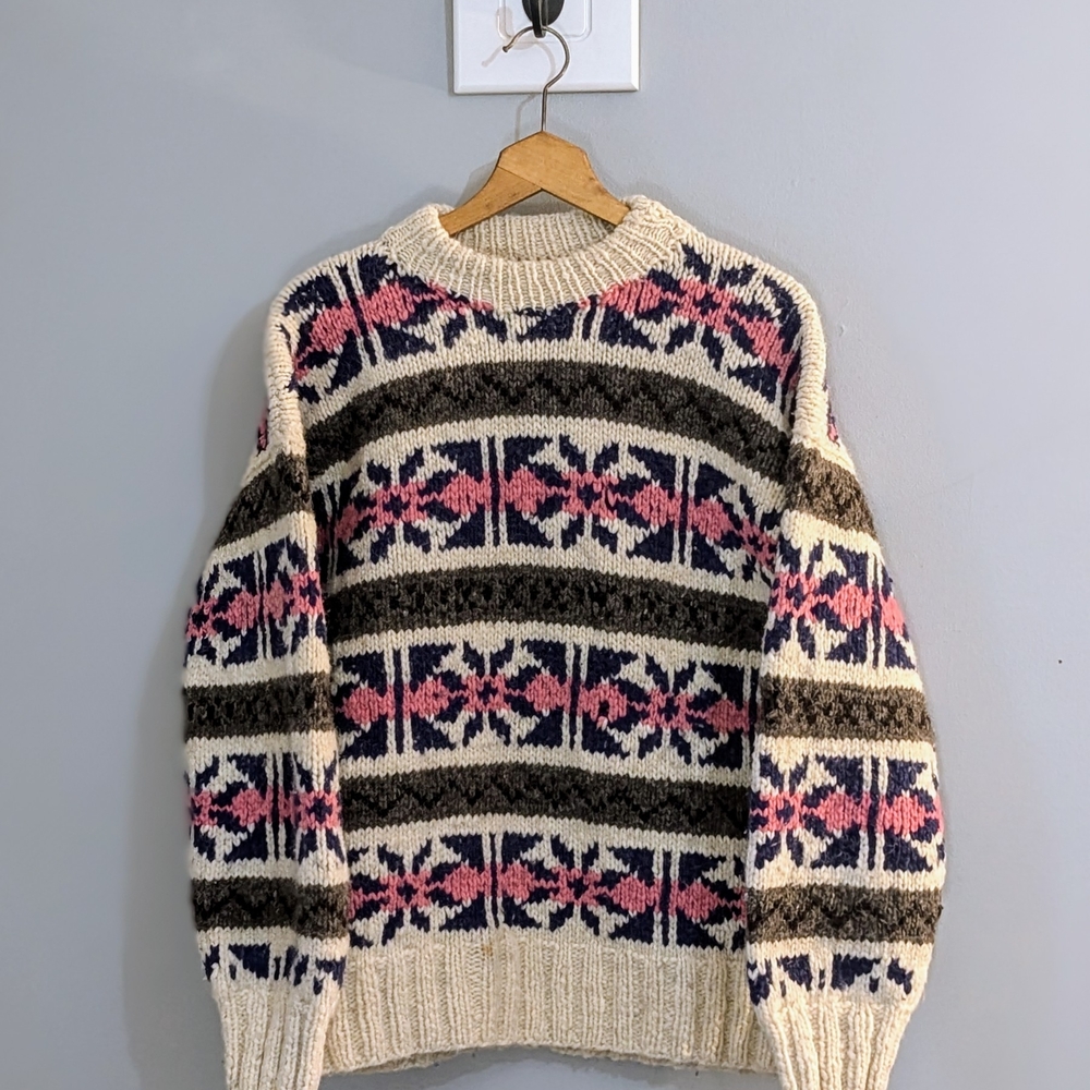 Cozy Knit Sweater with Pink and Brown Pattern